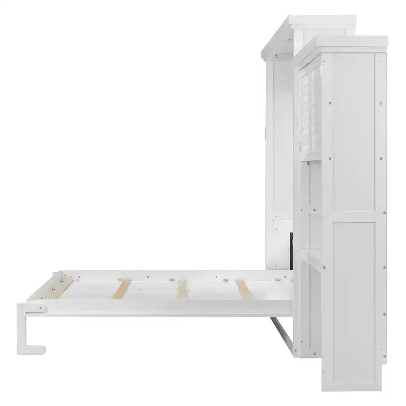 Lit escamotable grand lit (Queen Size) Whisen Wood avec plusieurs étagères de rangement et décorations à persiennes