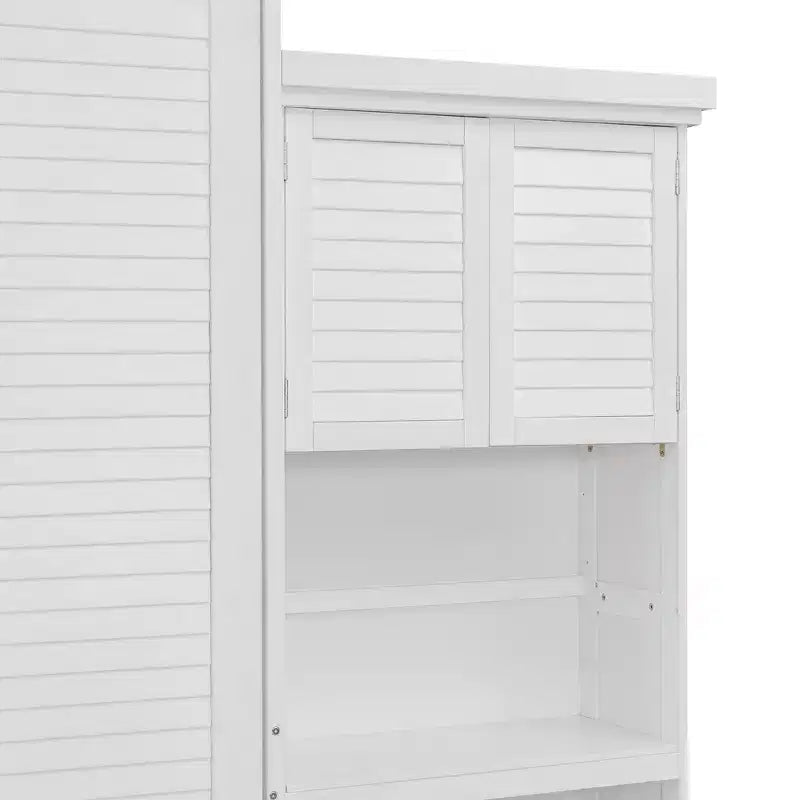 Lit escamotable grand lit (Queen Size) Whisen Wood avec plusieurs étagères de rangement et décorations à persiennes