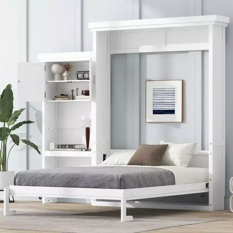 Whisen Wood Queen Size Murphy Bed with Multiple Storage Shelves and Louvered Style Decoration