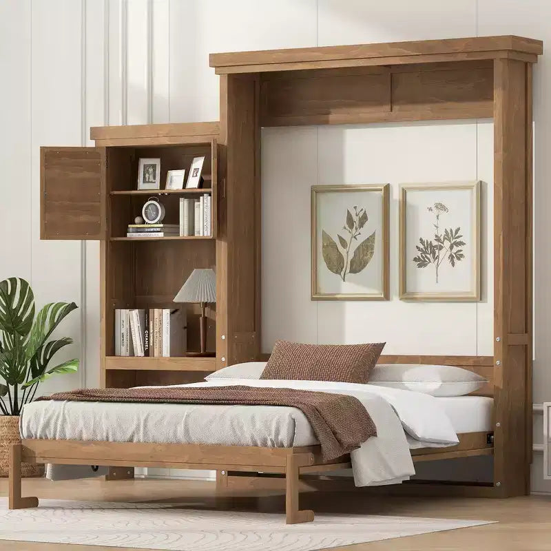 Lit escamotable grand lit (Queen Size) Whisen Wood avec plusieurs étagères de rangement et décorations à persiennes