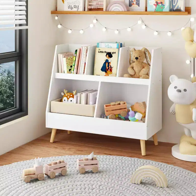 Étagère à livres et organisateur de jouets pour enfants, bibliothèque ouverte en bois à 5 compartiments, organisateur de rangement pour bébé à 2 niveaux avec pieds, autoportant pour salle de jeux