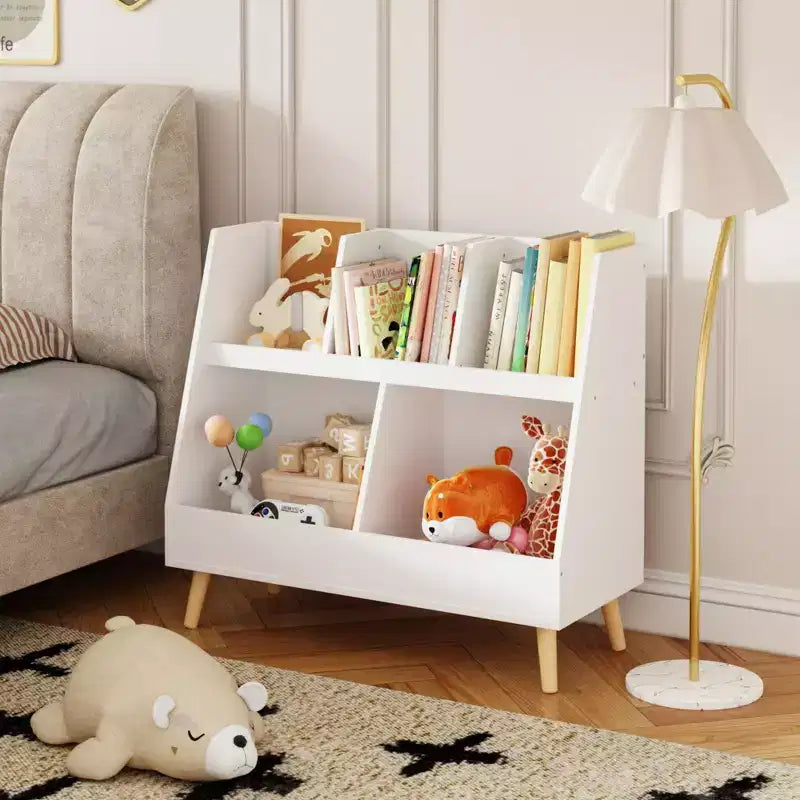 Étagère à livres et organisateur de jouets pour enfants, bibliothèque ouverte en bois à 5 compartiments, organisateur de rangement pour bébé à 2 niveaux avec pieds, autoportant pour salle de jeux