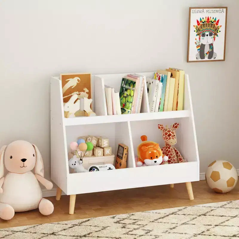 Étagère à livres et organisateur de jouets pour enfants, bibliothèque ouverte en bois à 5 compartiments, organisateur de rangement pour bébé à 2 niveaux avec pieds, autoportant pour salle de jeux