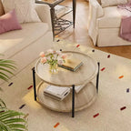 Table basse ronde, Table basse ronde en bois à 2 niveaux, Dessus de table rustique en bois, Tables basses rondes avec étagère de rangement pour salon, appartement