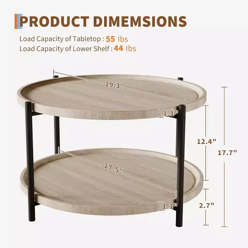 Table basse ronde, Table basse ronde en bois à 2 niveaux, Dessus de table rustique en bois, Tables basses rondes avec étagère de rangement pour salon, appartement