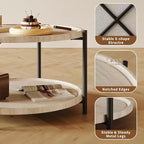 Table basse ronde, Table basse ronde en bois à 2 niveaux, Dessus de table rustique en bois, Tables basses rondes avec étagère de rangement pour salon, appartement