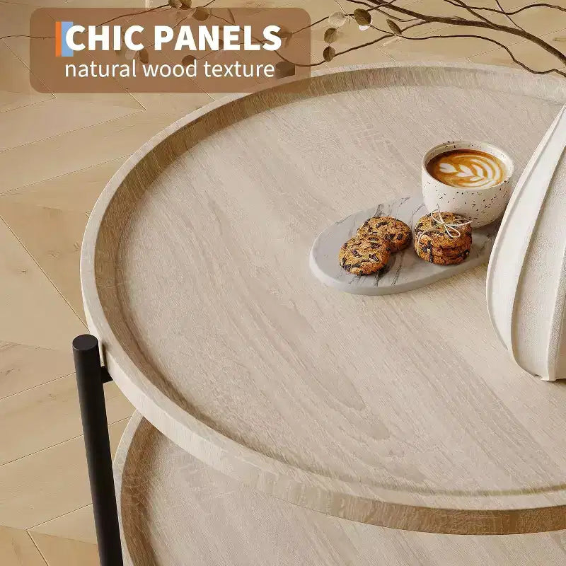 Table basse ronde, Table basse ronde en bois à 2 niveaux, Dessus de table rustique en bois, Tables basses rondes avec étagère de rangement pour salon, appartement