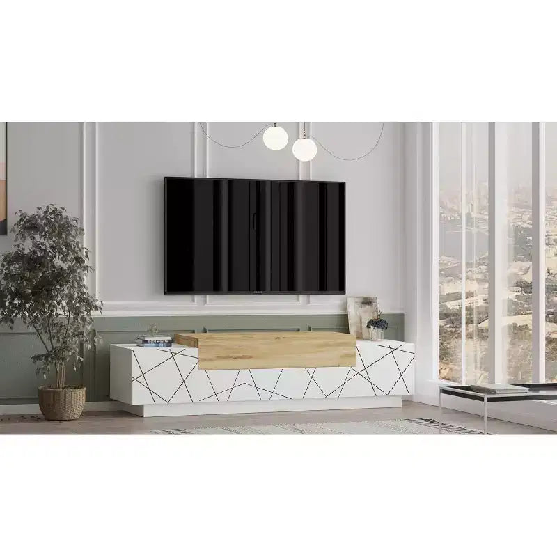Meuble TV HomeStock Floyd, feutre blanc - Meuble de divertissement avec impression UV, console de 160 cm avec étagères de rangement et portes