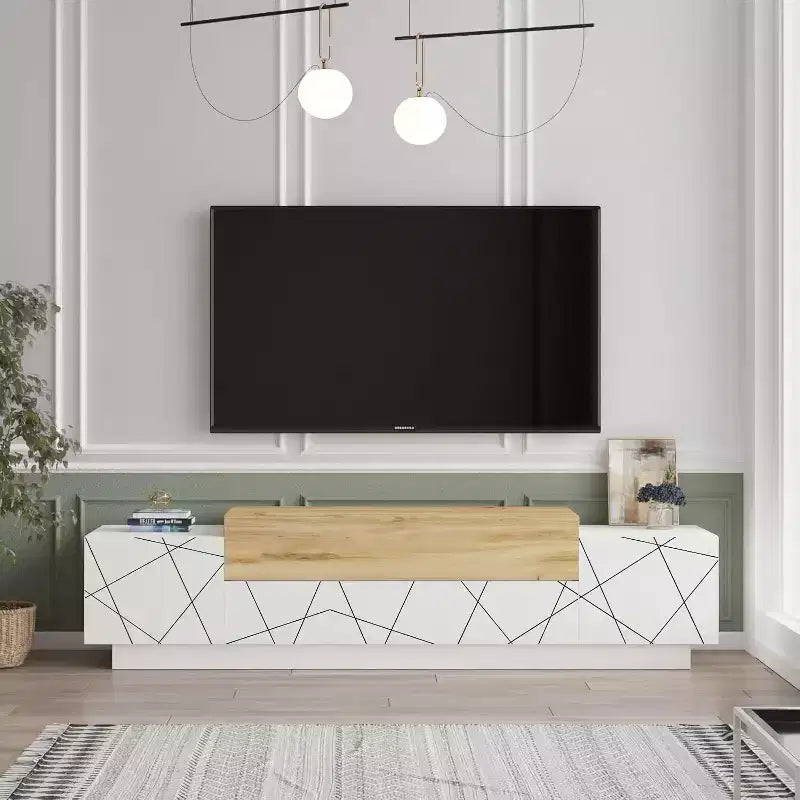 Meuble TV HomeStock Floyd, feutre blanc - Meuble de divertissement avec impression UV, console de 160 cm avec étagères de rangement et portes