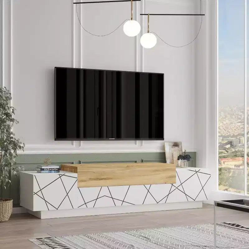 Meuble TV HomeStock Floyd, feutre blanc - Meuble de divertissement avec impression UV, console de 160 cm avec étagères de rangement et portes