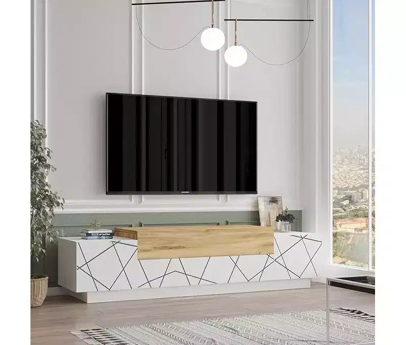Meuble TV HomeStock Floyd, feutre blanc - Meuble de divertissement avec impression UV, console de 160 cm avec étagères de rangement et portes