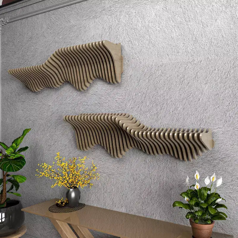HomeStock Parametric 50 inch Floating Shelf TV Unit Modern Geometric Wooden Wall Piece Decor Natural Oak Color 3D Wavy Living and Gaming Room Shelf