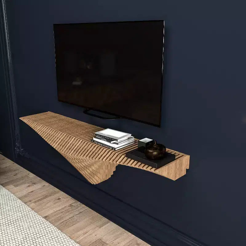 HomeStock Meuble TV mural flottant Parametric de 50 pouces, design géométrique moderne en bois, décor mural en chêne naturel, étagère 3D ondulée pour salon et salle de jeux
