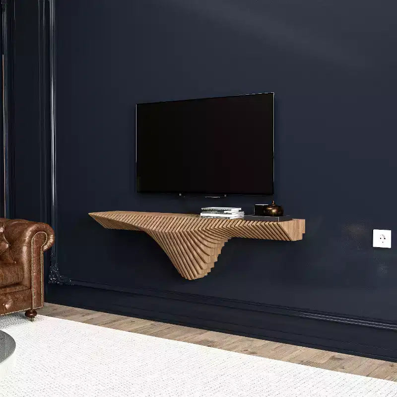 HomeStock Meuble TV mural flottant Parametric de 50 pouces, design géométrique moderne en bois, décor mural en chêne naturel, étagère 3D ondulée pour salon et salle de jeux