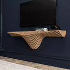 HomeStock Meuble TV mural flottant Parametric de 50 pouces, design géométrique moderne en bois, décor mural en chêne naturel, étagère 3D ondulée pour salon et salle de jeux