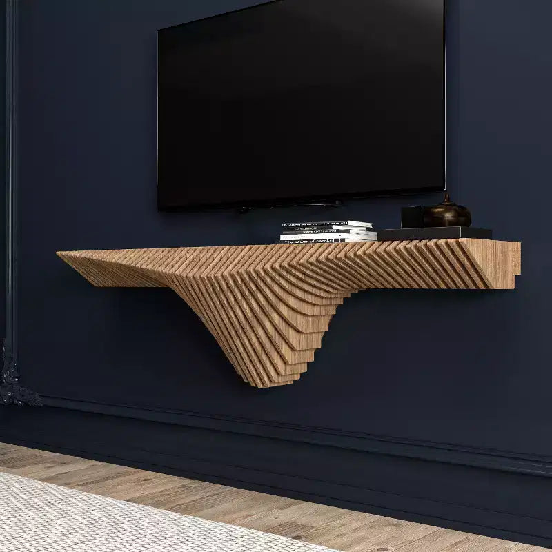 HomeStock Meuble TV mural flottant Parametric de 50 pouces, design géométrique moderne en bois, décor mural en chêne naturel, étagère 3D ondulée pour salon et salle de jeux