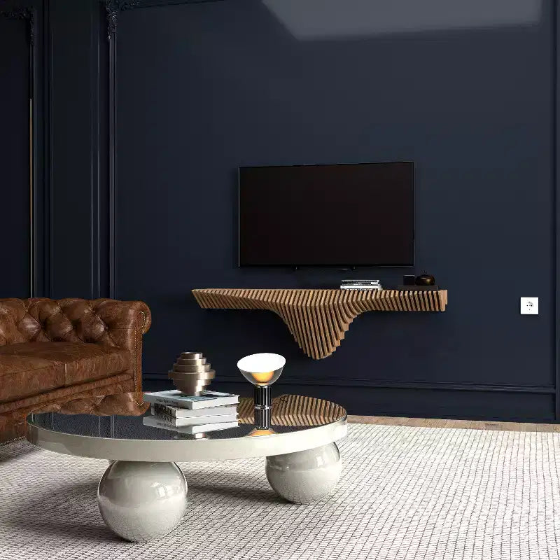 HomeStock Meuble TV mural flottant Parametric de 50 pouces, design géométrique moderne en bois, décor mural en chêne naturel, étagère 3D ondulée pour salon et salle de jeux