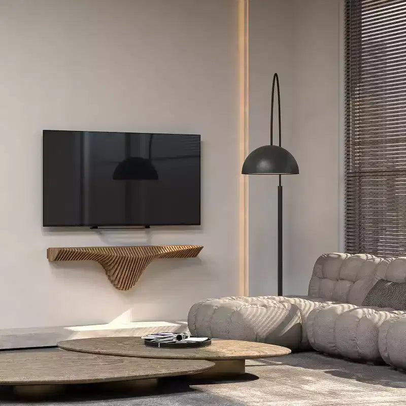 HomeStock Meuble TV mural flottant Parametric de 50 pouces, design géométrique moderne en bois, décor mural en chêne naturel, étagère 3D ondulée pour salon et salle de jeux