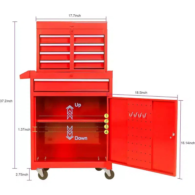 Servante d'atelier roulante à 5 tiroirs, avec étagère réglable et chariot de rangement portable détachable pour garage, entrepôt, atelier, rouge