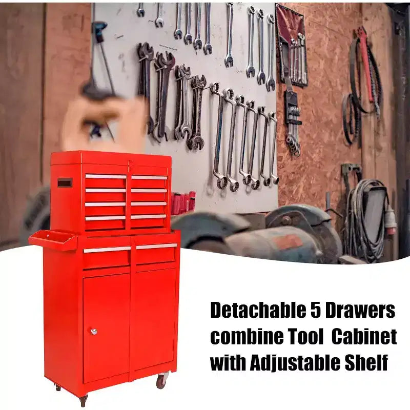 Servante d'atelier roulante à 5 tiroirs, avec étagère réglable et chariot de rangement portable détachable pour garage, entrepôt, atelier, rouge