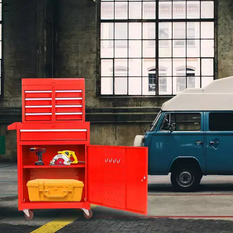 Servante d'atelier roulante à 5 tiroirs, avec étagère réglable et chariot de rangement portable détachable pour garage, entrepôt, atelier, rouge