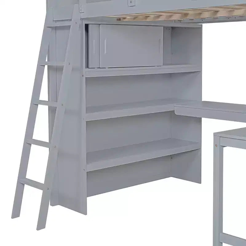 Lit mezzanine pleine grandeur avec bureau et étagères, cadre de lit mezzanine en bois avec deux tiroirs intégrés pour chambre à coucher