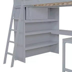 Lit mezzanine pleine grandeur avec bureau et étagères, cadre de lit mezzanine en bois avec deux tiroirs intégrés pour chambre à coucher
