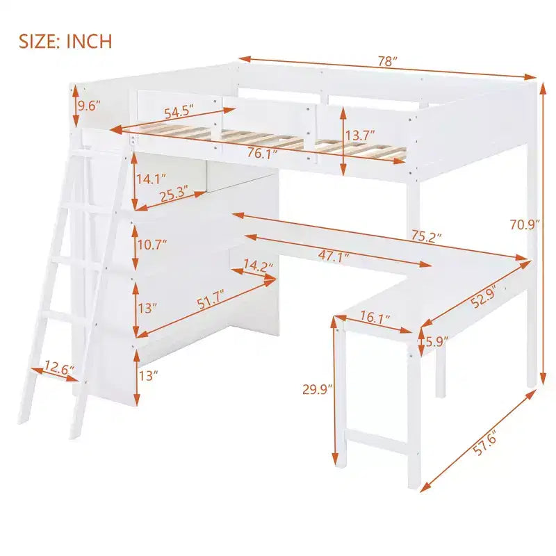 Lit mezzanine pleine grandeur avec bureau et étagères, cadre de lit mezzanine en bois avec deux tiroirs intégrés pour chambre à coucher