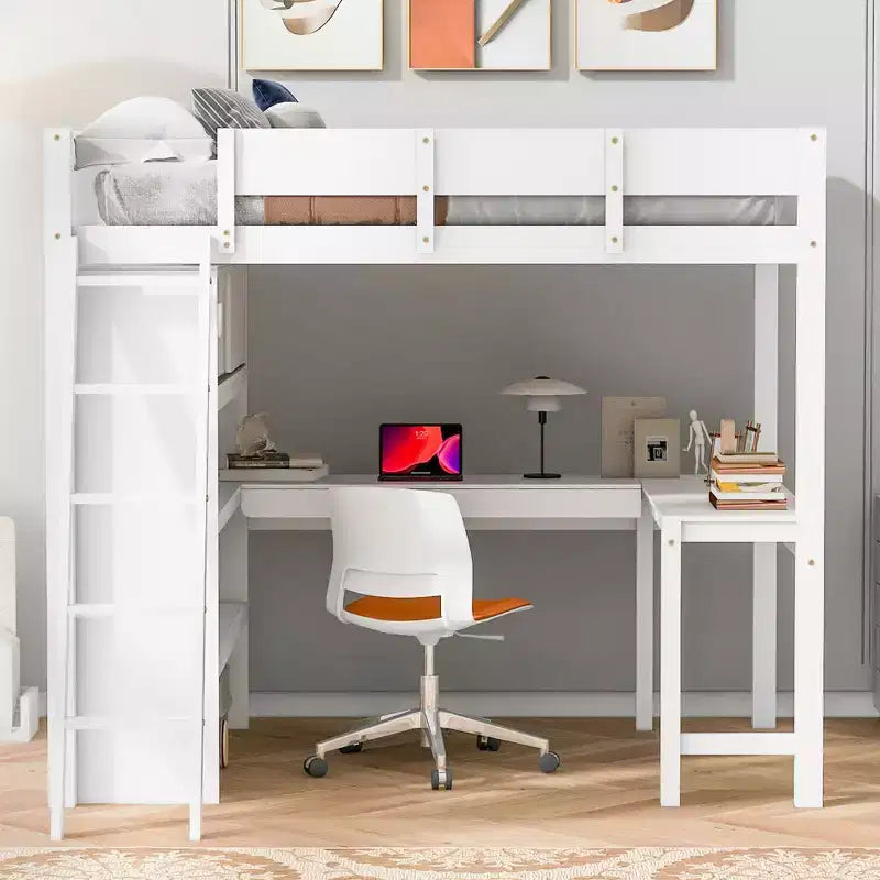 Lit mezzanine pleine grandeur avec bureau et étagères, cadre de lit mezzanine en bois avec deux tiroirs intégrés pour chambre à coucher
