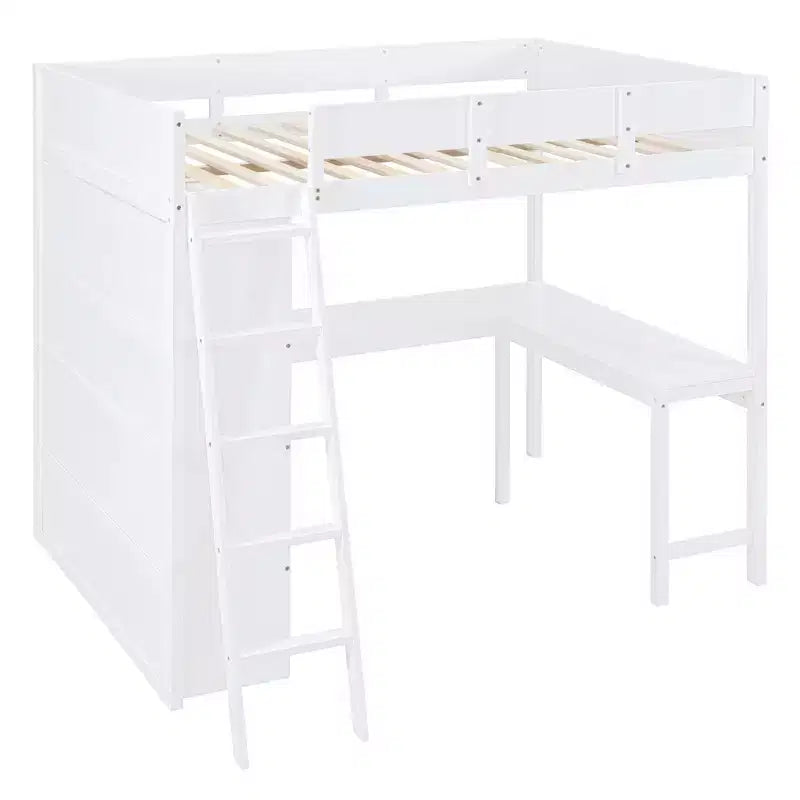 Lit mezzanine pleine grandeur avec bureau et étagères, cadre de lit mezzanine en bois avec deux tiroirs intégrés pour chambre à coucher