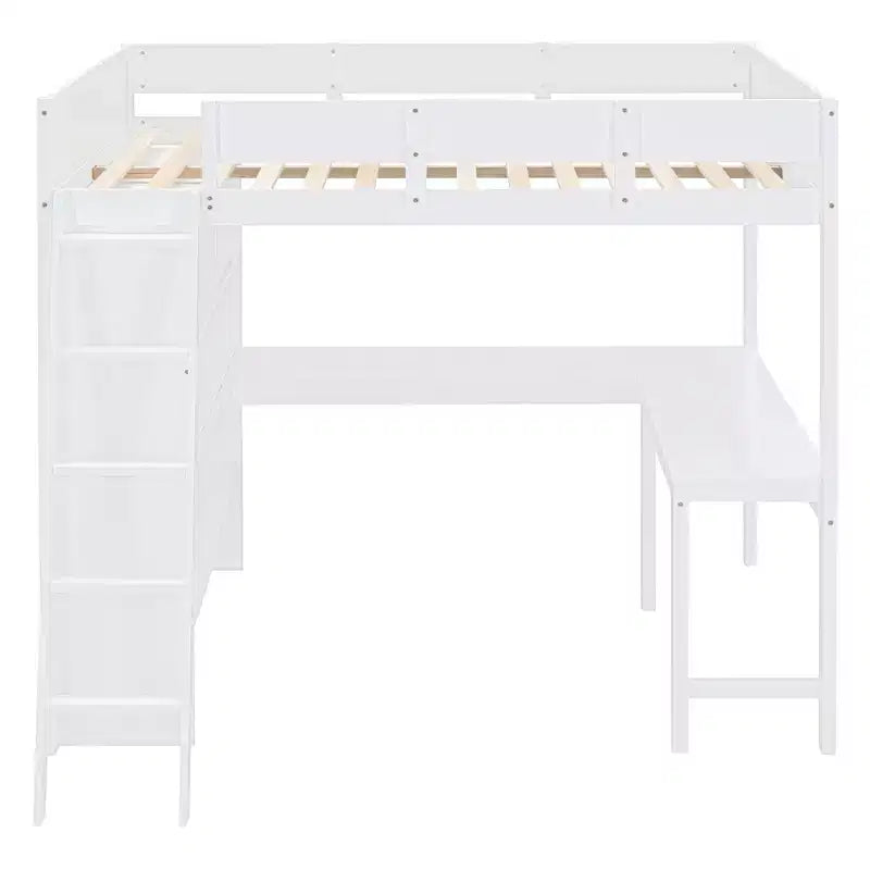 Lit mezzanine pleine grandeur avec bureau et étagères, cadre de lit mezzanine en bois avec deux tiroirs intégrés pour chambre à coucher