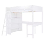 Lit mezzanine pleine grandeur avec bureau et étagères, cadre de lit mezzanine en bois avec deux tiroirs intégrés pour chambre à coucher