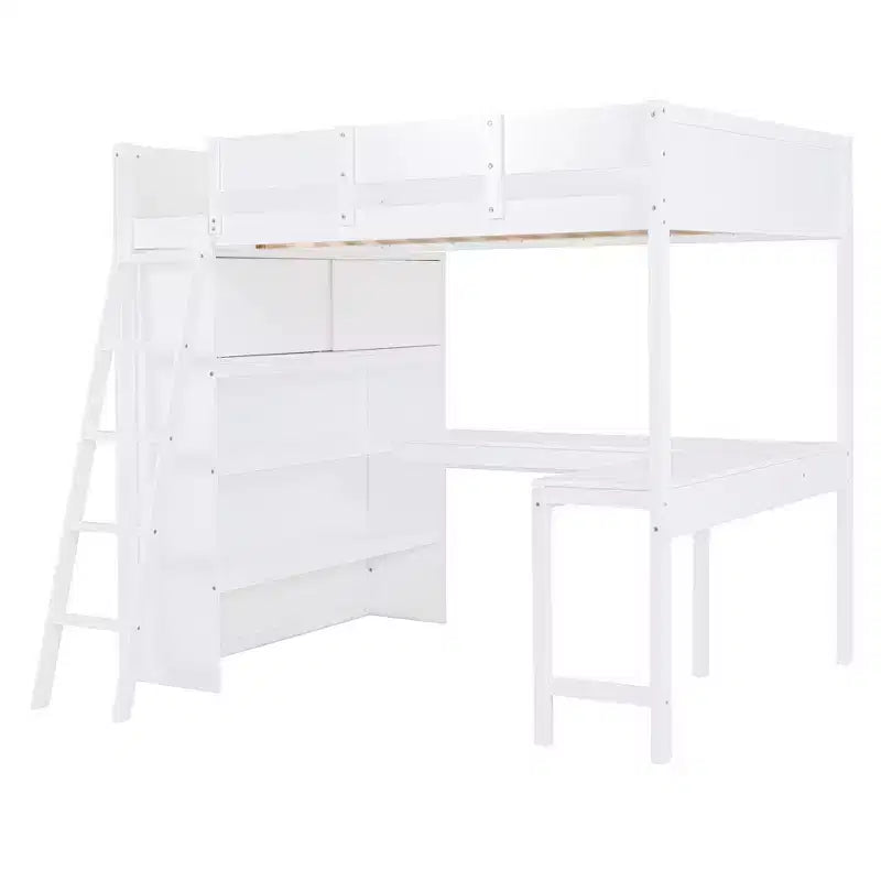 Lit mezzanine pleine grandeur avec bureau et étagères, cadre de lit mezzanine en bois avec deux tiroirs intégrés pour chambre à coucher