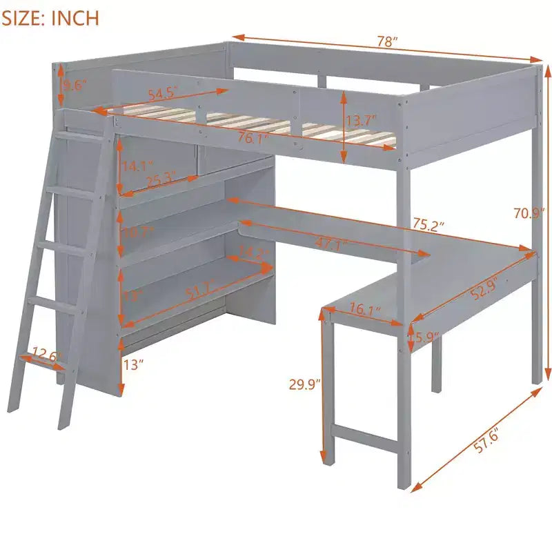 Lit mezzanine pleine grandeur avec bureau et étagères, cadre de lit mezzanine en bois avec deux tiroirs intégrés pour chambre à coucher