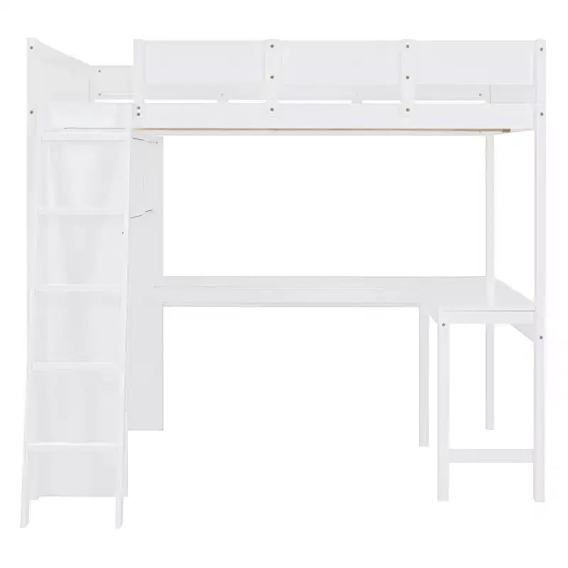 Lit mezzanine pleine grandeur avec bureau et étagères, cadre de lit mezzanine en bois avec deux tiroirs intégrés pour chambre à coucher