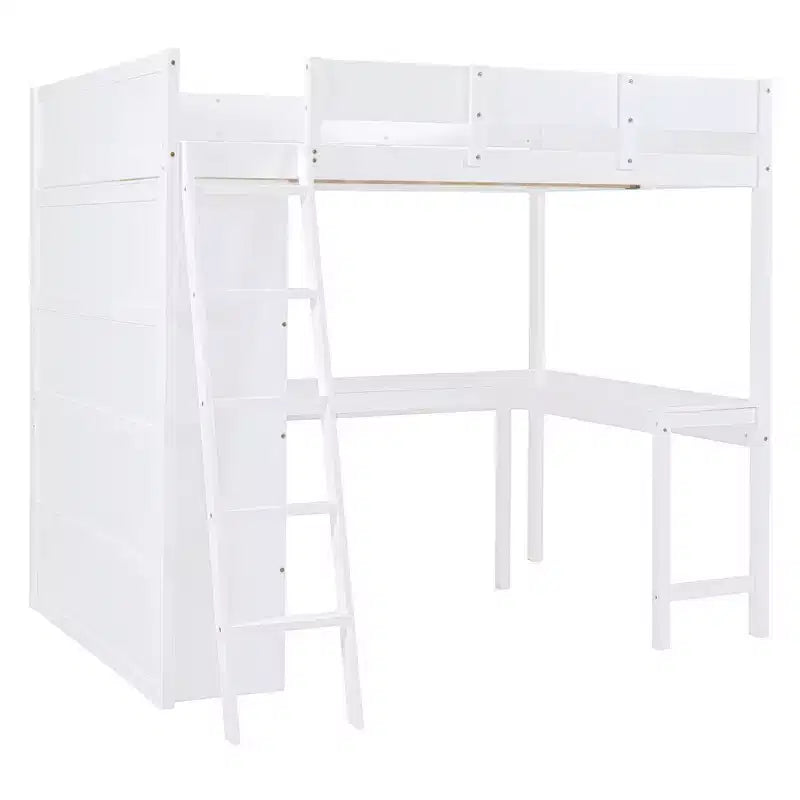 Lit mezzanine pleine grandeur avec bureau et étagères, cadre de lit mezzanine en bois avec deux tiroirs intégrés pour chambre à coucher