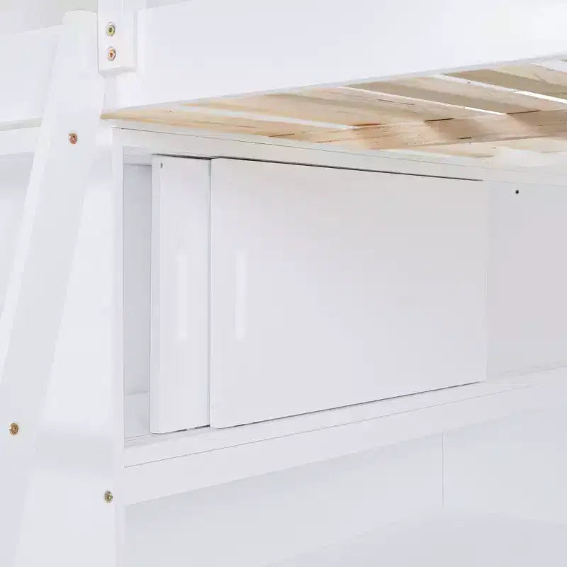 Lit mezzanine pleine grandeur avec bureau et étagères, cadre de lit mezzanine en bois avec deux tiroirs intégrés pour chambre à coucher