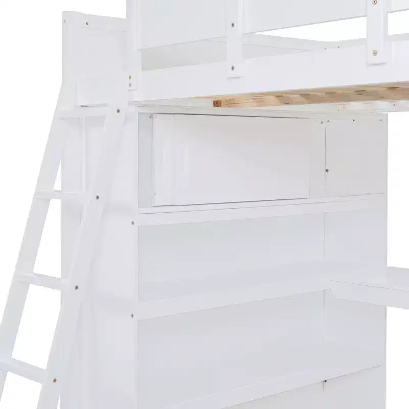 Lit mezzanine pleine grandeur avec bureau et étagères, cadre de lit mezzanine en bois avec deux tiroirs intégrés pour chambre à coucher