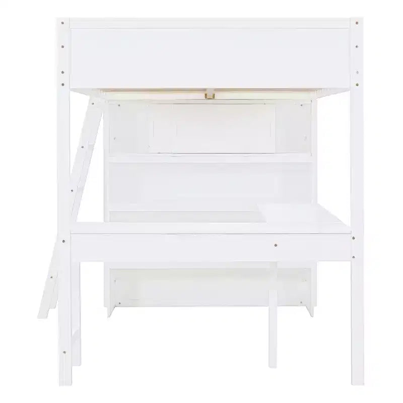 Lit mezzanine pleine grandeur avec bureau et étagères, cadre de lit mezzanine en bois avec deux tiroirs intégrés pour chambre à coucher