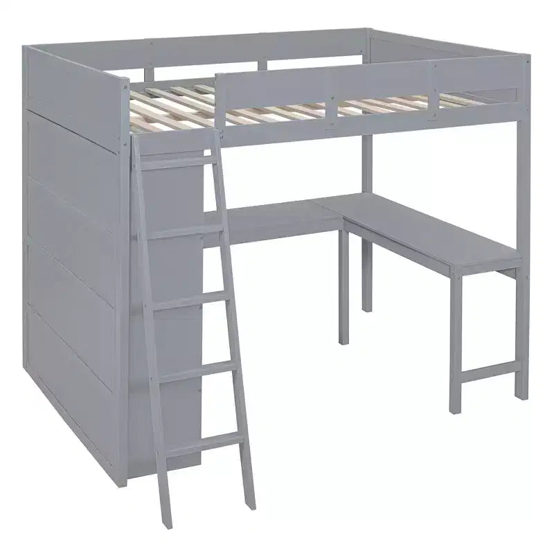 Lit mezzanine pleine grandeur avec bureau et étagères, cadre de lit mezzanine en bois avec deux tiroirs intégrés pour chambre à coucher