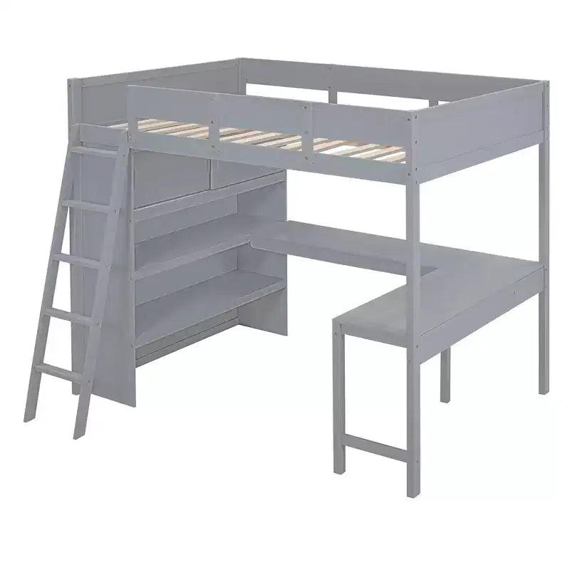 Lit mezzanine pleine grandeur avec bureau et étagères, cadre de lit mezzanine en bois avec deux tiroirs intégrés pour chambre à coucher