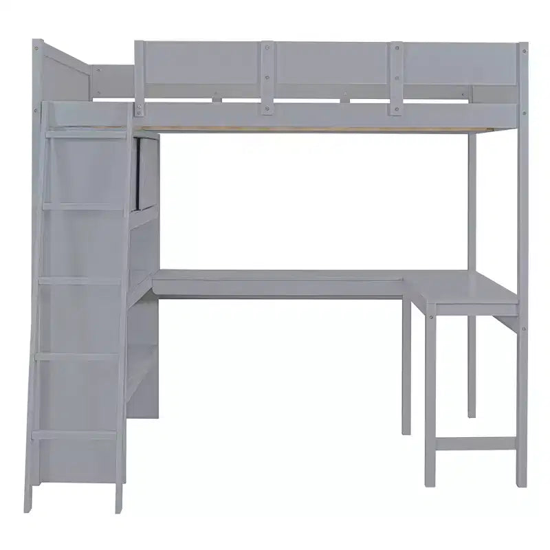 Lit mezzanine pleine grandeur avec bureau et étagères, cadre de lit mezzanine en bois avec deux tiroirs intégrés pour chambre à coucher