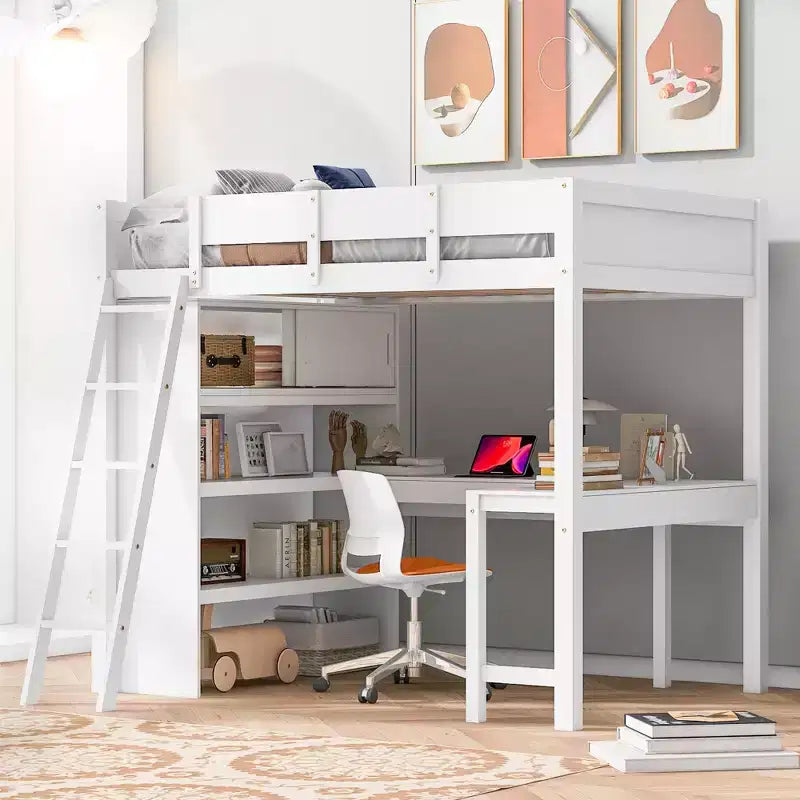 Lit mezzanine pleine grandeur avec bureau et étagères, cadre de lit mezzanine en bois avec deux tiroirs intégrés pour chambre à coucher