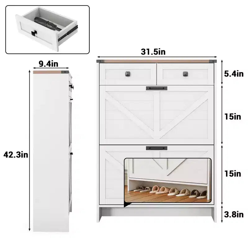 Meuble de rangement à chaussures mince avec 2 tiroirs et 2 portes autoportant