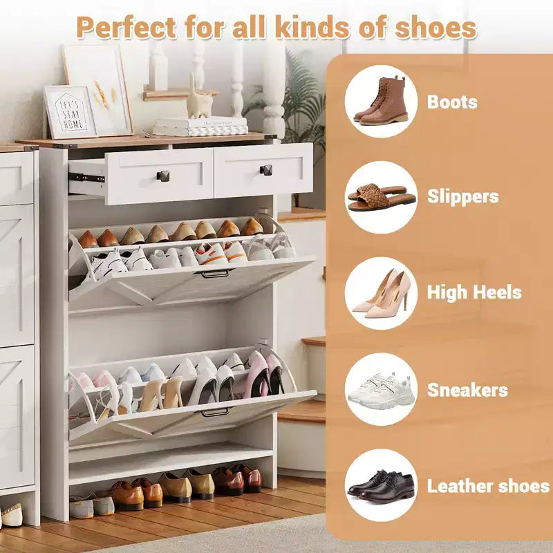 Meuble de rangement à chaussures mince avec 2 tiroirs et 2 portes autoportant