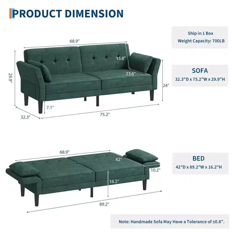 89 canapé futon, canapé-lit moderne avec dossier et accoudoirs réglables, canapé-lit futon convertible avec 2 oreillers pour salon, chambre à coucher