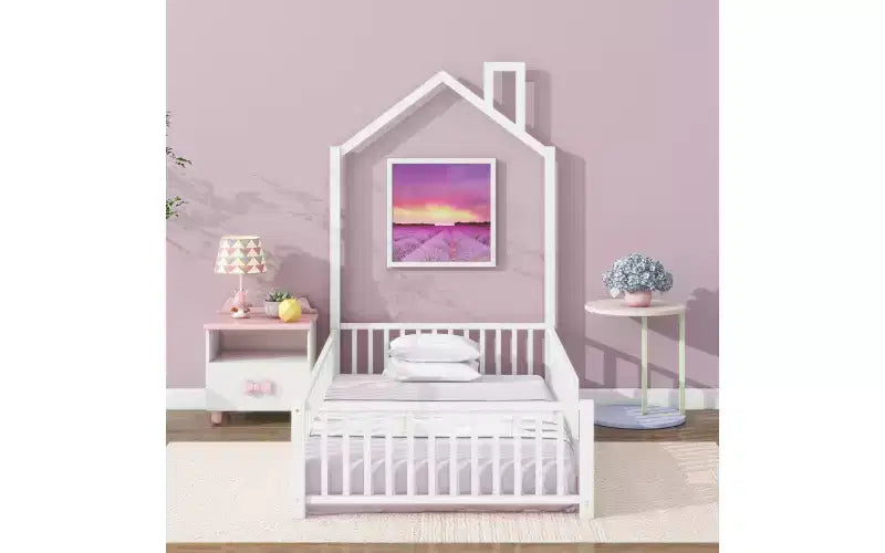 Bellemave Twin Size Metal House Platform Bed with Guardrail and Chimney, White