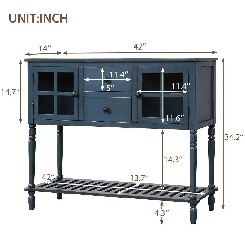 Console de ferme Hostack avec étagère inférieure et meuble de rangement pour salon, bleu marine antique
