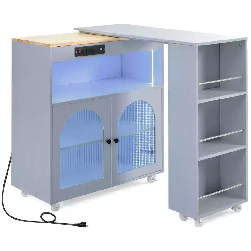 Îlot de cuisine roulant avec table extensible, îlot de cuisine sur roulettes avec lumières LED, prises électriques, 2 portes en verre cannelé