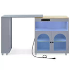 Îlot de cuisine roulant avec table extensible, îlot de cuisine sur roulettes avec lumières LED, prises électriques, 2 portes en verre cannelé